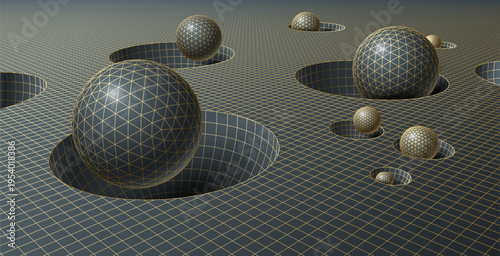 Retro-futuristic 80s grid landscape with geometric spheres in polygonal holes, vintage synthwave and science fiction art