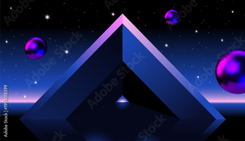 Geometric pyramid with door or surreal neon entrance glowing in the night with reflection on water and mountains on background