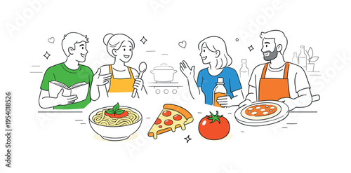 Friends preparing Italian dishes together in a relaxed kitchen moment while discussing recipes and enjoying the cooking process, representing culinary creativity and everyday