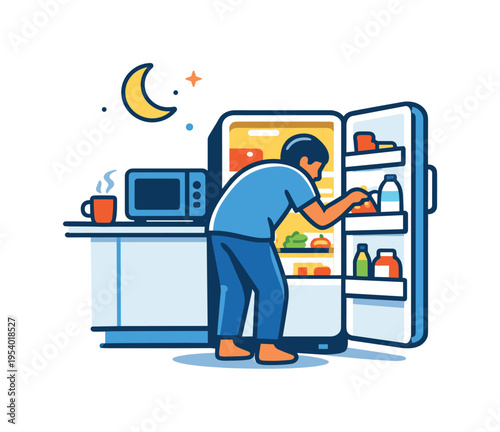 Late night home routine showing a quiet midnight moment in the kitchen when someone opens the refrigerator looking for a snack, an open fridge with soft interior light beside a
