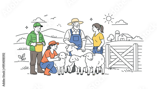 Rural sheep farming and sustainable agriculture concept where several people gather around a small flock of sheep beside a simple pasture gate, symbolizing traditional livestock
