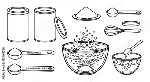 Baking ingredients vector illustration, bowls, baking powder, whisk and measuring spoon.