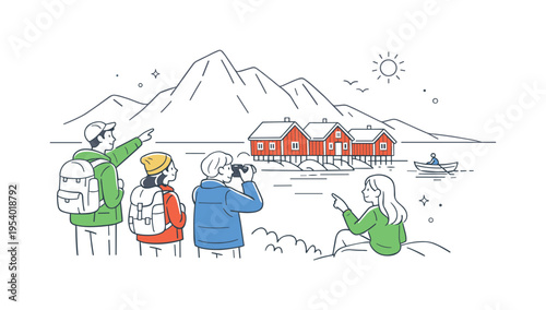 Nordic travel and cultural heritage exploration concept where several people admire a group of iconic red Norwegian houses positioned beside a simple mountain silhouette and a