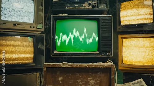 Pile of vintage television sets displaying static and oscilloscope patterns