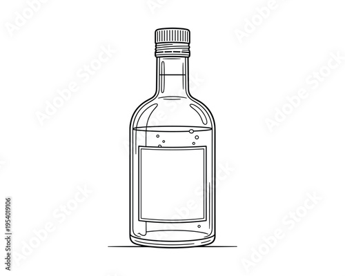 Bottle with liquid illustration, glass container with clear liquid inside and blank label
