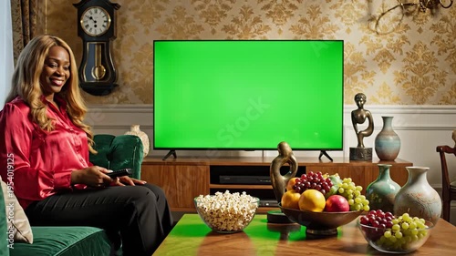 Person with remote watches green screen television in interior setting