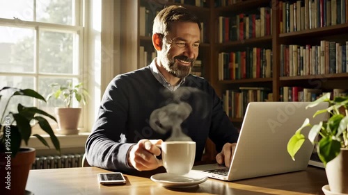 Person work at home use laptop with coffee on wooden desk