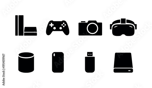 Consumer electronics devices: gaming console, handheld game controller, digital camera, VR headset, smart speaker, portable power bank, USB flash drive, external hard drive