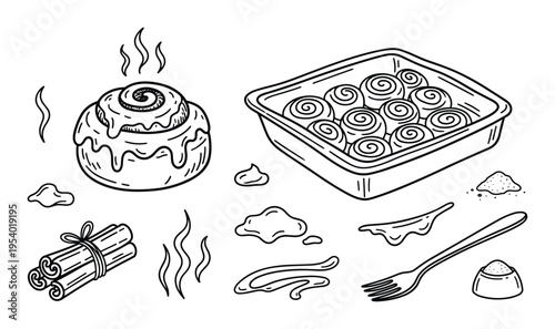Cinnamon rolls with cream cheese frosting, baked in tray with fork and spices illustration