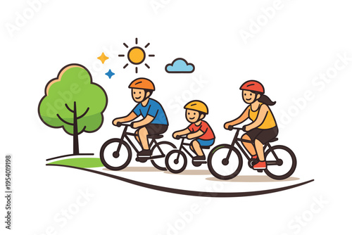 Family outdoor activity focused on healthy lifestyle and shared recreation in nature, two parents and a child riding bicycles along a simple curved path beside a small tree forming