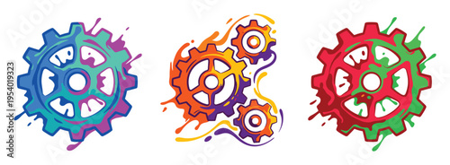 Colorful Gears Splash Design Set in Blue, Orange, and Red isolated