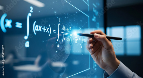 Hand writing complex mathematical equations on glowing digital screen