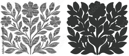 Botanical silhouette and textured floral vector graphics set with hand drawn
