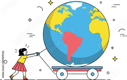 Small girl pushing big Earth globe on cart environmental responsibility and save planet concept flat vector illustration