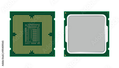 Computer processor chip vector illustration, top and bottom view. Square green chip isolated