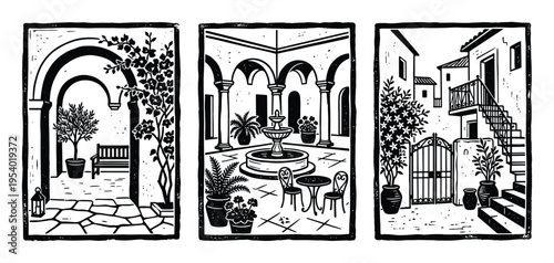 Courtyard scenes black and white illustration with arches, fountain, and garden, classical architecture