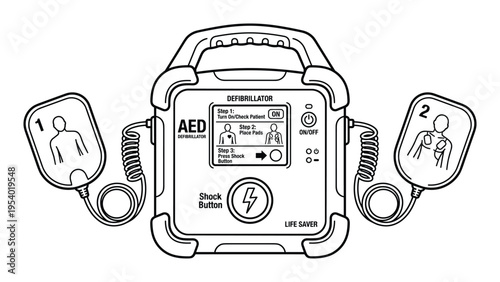 Automatic External Defibrillator (AED) line art vector illustration with electrode pads and screen displaying instructions, crucial for emergency cardiac care.