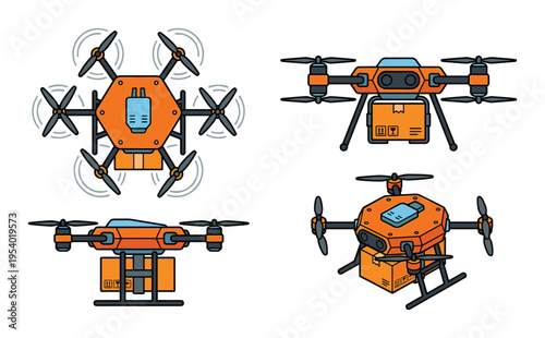 Delivery Drones Vector Set, Orange Drones Delivering Boxes, Cargo Drones in Various Positions