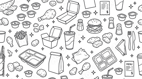 Fast food chicken snacks theme with street food vibe, doodle objects including chicken tenders, nuggets, fried chicken, dipping sauces, ketchup, mustard, fries, burger, soda cup,