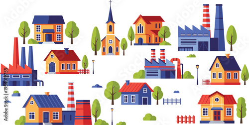Set of industrial buildings and houses with factories chimneys church and homes flat vector illustration collection