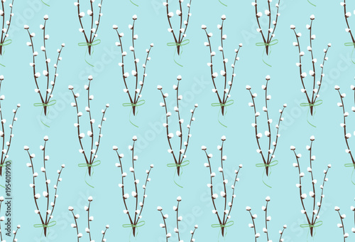 Spring botanical seamless pattern with pussy willow branches and minimal ribbon detail. Repeating floral background suitable for textile design, wrapping paper, packaging, wallpaper 