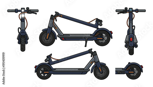 Electric scooter design, multiple views: front, side, rear, and two side perspective isolated.