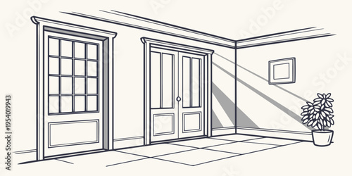 A sketch of a house with two doors and a window, with sunlight casting shadows.