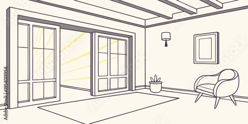 A cozy living room with a large window and a comfortable chair