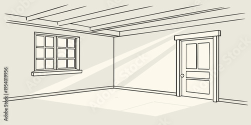 A minimalist room with a window and a door, bathed in soft sunlight.