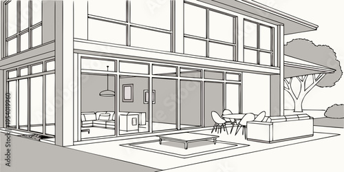 A detailed architectural drawing of a modern house with a large window and a balcony.