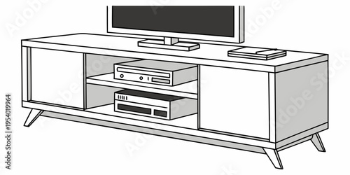 Modern entertainment center with a television and electronic devices on display