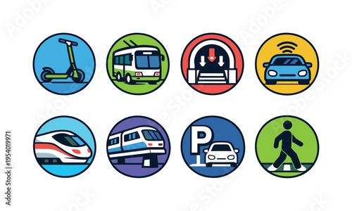 Urban mobility badge icons: electric scooter in round badge, trolleybus in round badge, metro entrance sign in round badge, ride share car in round badge, high speed train nose in
