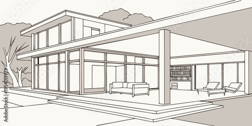 Modern house with large windows and minimalist design in a serene setting