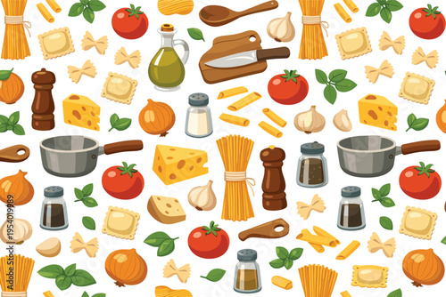 Pasta cooking ingredients seamless pattern for kitchen and culinary themes featuring spaghetti bundle, penne pasta, farfalle pasta, ravioli, tomato, basil, garlic clove, onion,