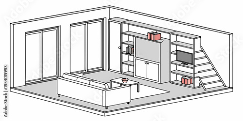Modern interior design with a spacious living room and a loft area.