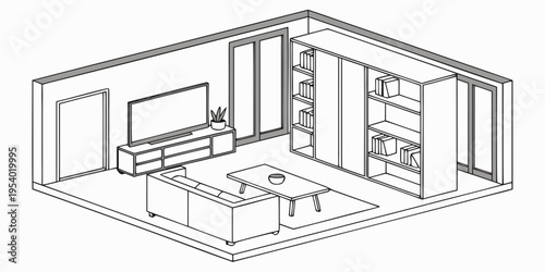 A modern living room with a television, sofa, and bookshelves.