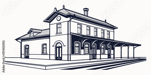 A vintage train station building with a platform and tracks in the foreground