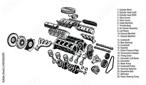 Exploded View Car Engine Parts Diagram, Cylinder Block, Heads, Crankshaft, Manifolds and Components