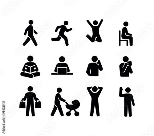 Human daily activities: walking person, running person, jumping person, sitting person, reading person, typing on laptop person, talking on phone person, drinking from cup person