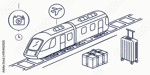 Modern train with luggage and passengers traveling on a railway track.