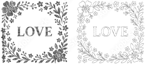 Love floral frame vector graphics: embroidered text and decorative elements