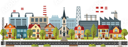 Urban industrial cityscape with factory buildings houses church and road flat vector illustration