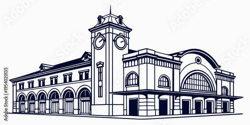 Historic train station building with clock tower and arched windows