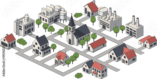 Isometric industrial town map with factories houses streets and church clean flat vector illustration