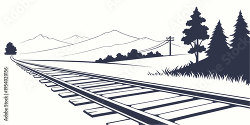 A serene and picturesque landscape of a train track winding through a mountainous area