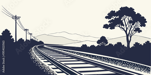 A serene landscape featuring a winding railway track disappearing into the horizon