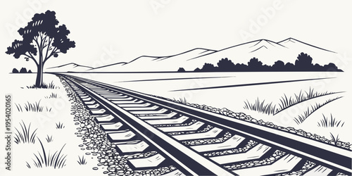 Railway tracks stretching into the distance with a single tree on the left side