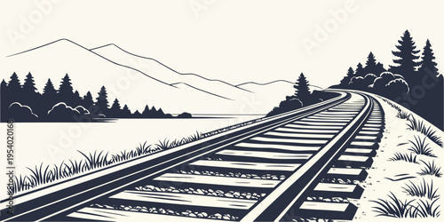 A serene winter landscape with a winding train track disappearing into the distance.