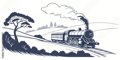 A vintage steam train travels through a picturesque countryside landscape.