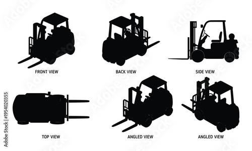 Forklift truck views, front, back, side, top, and angled views, isolated detailed vector illustration